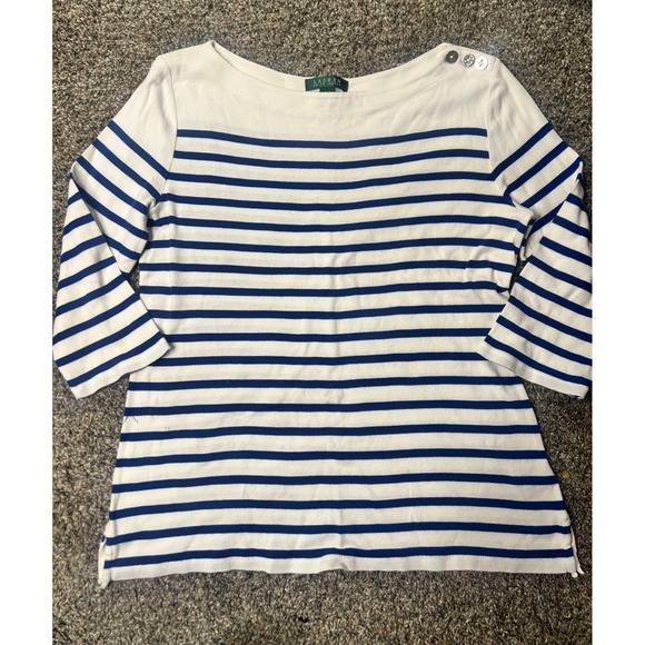 Lauren Ralph Lauren Tops - Lauren Ralph Lauren Striped Boatneck Top nautical White Anchor Button Cotton L